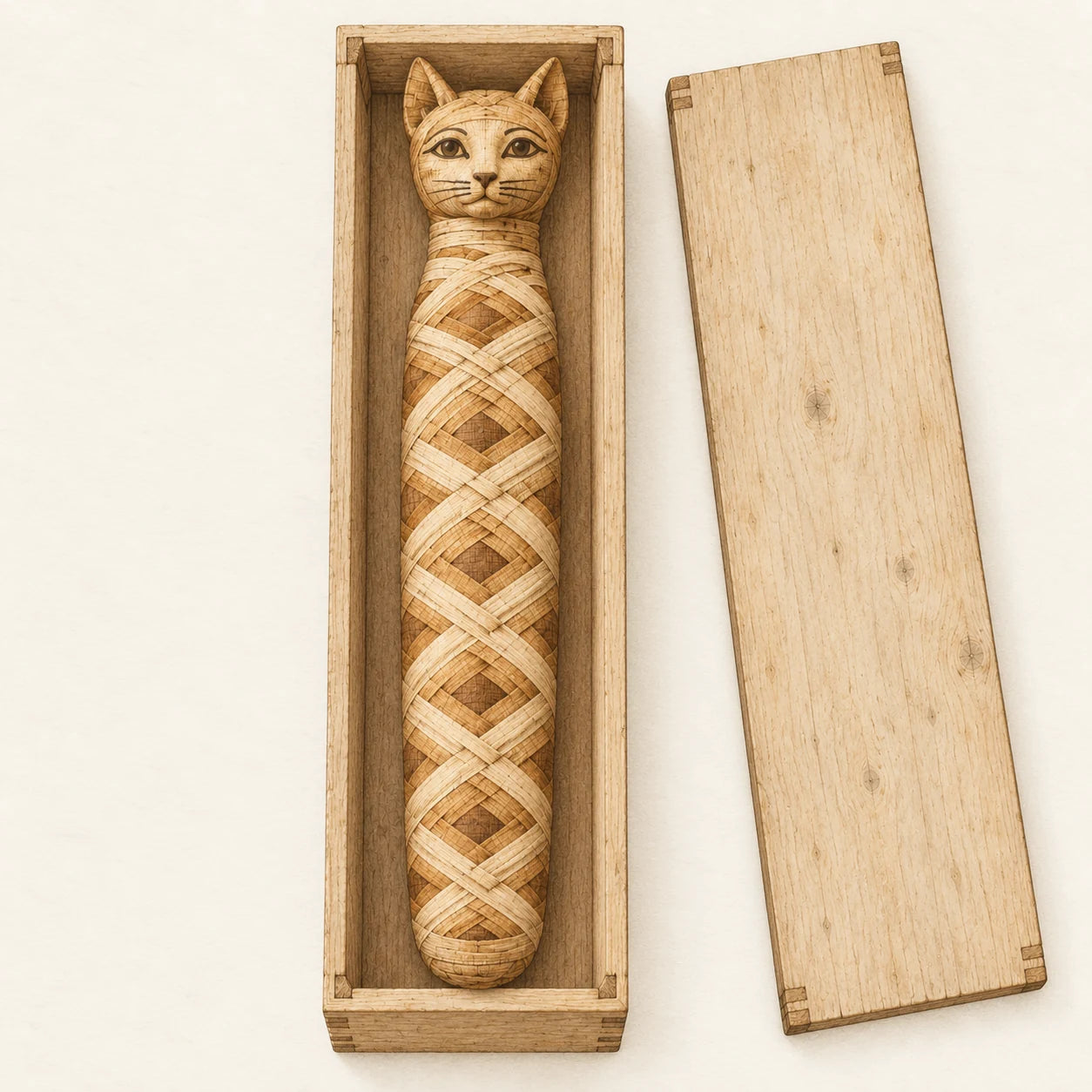 The completed linen cat mummy lying in an open, simple wooden offering box, seen from above.