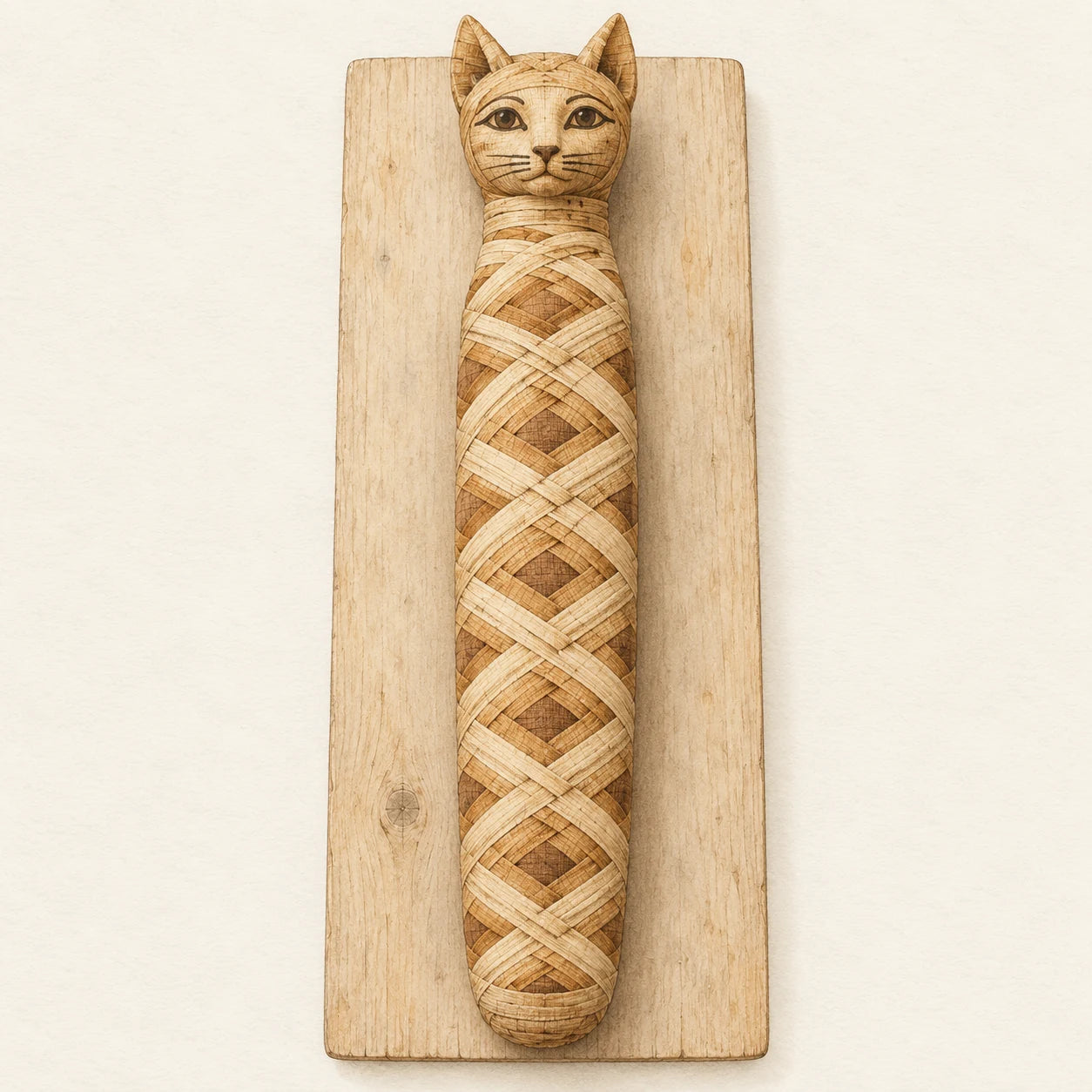 The finished elongated cat mummy with geometric linen wrapping and a small painted feline face.