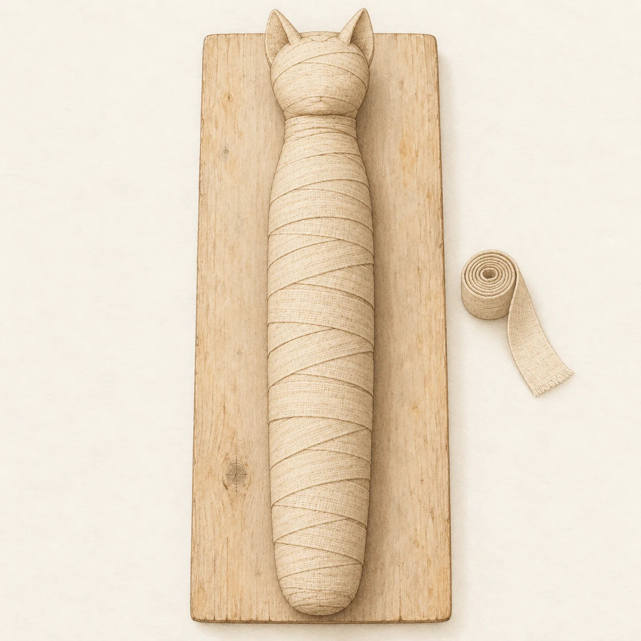 An elongated cat mummy in plain overlapping cream linen, with a small modelled head and linen ears.