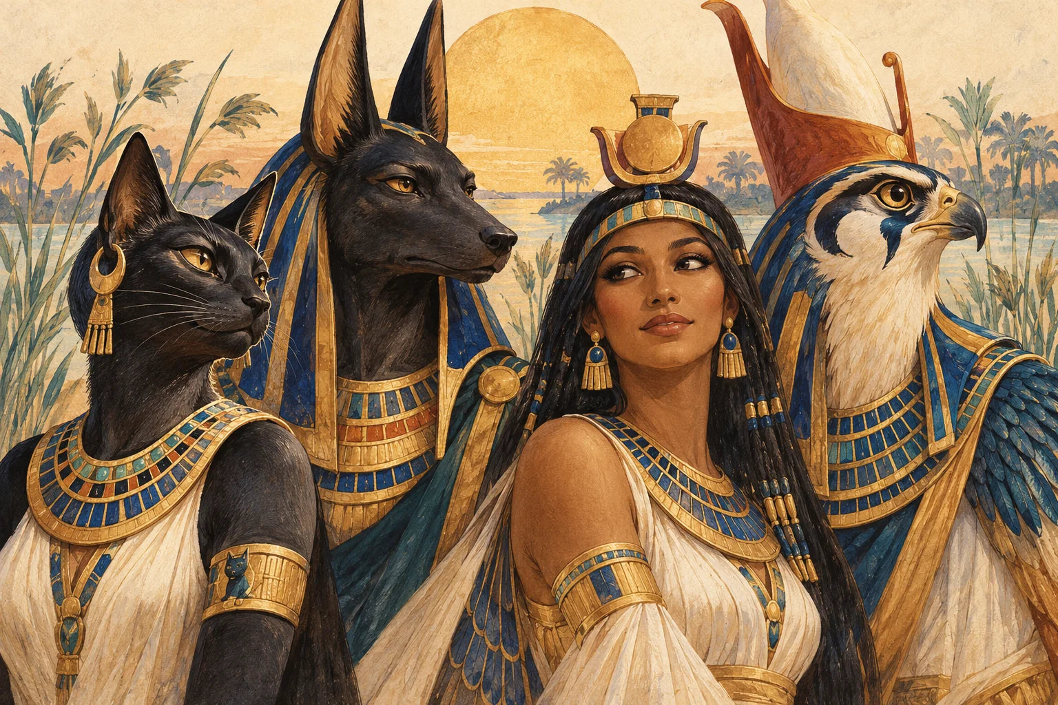 An original painted illustration of Bastet, Anubis, Isis and Horus beside the Nile.