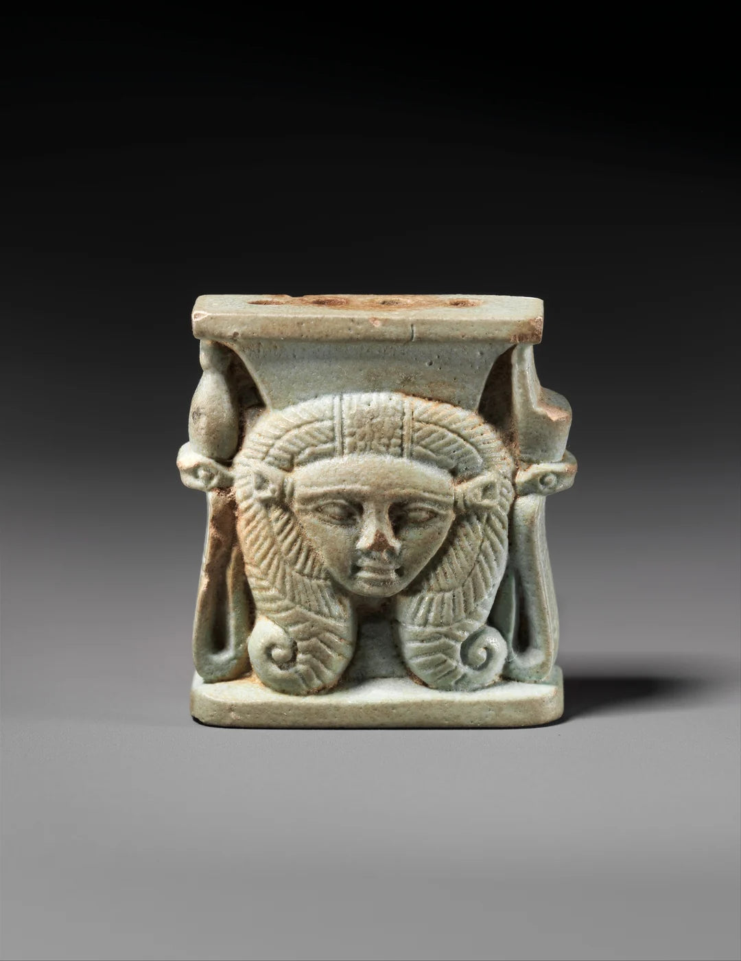 Hathor Head Amulet; faience.