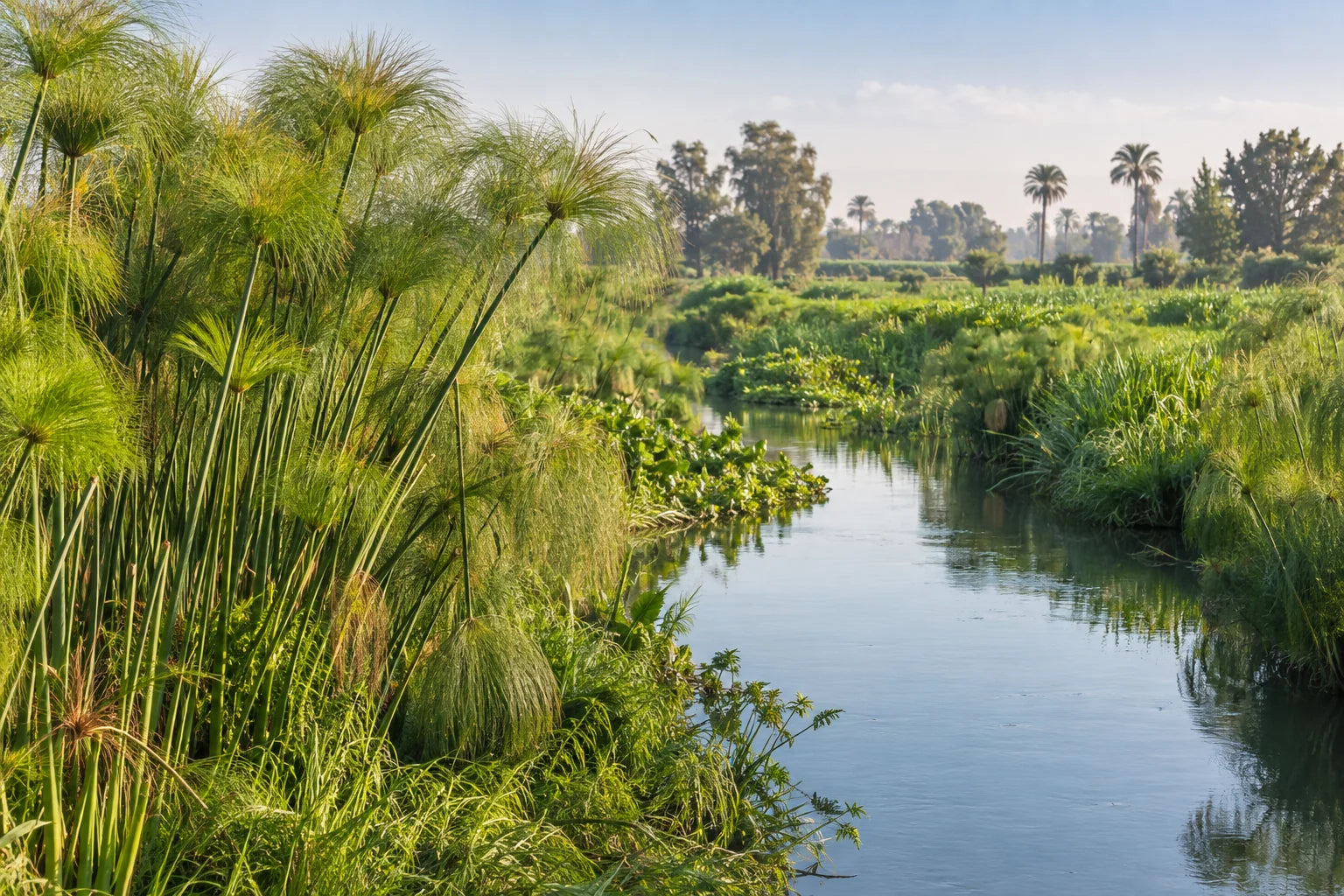 Lush papyrus plants beside a quiet waterway in the Nile Delta.